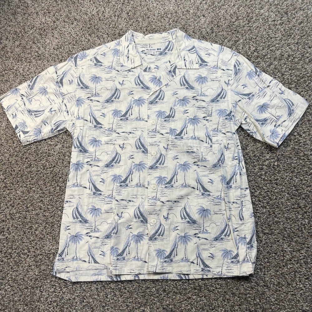 Reyn Spooner Uniqlo Men's M Sailboat Palm Tree Camp Shirt Blue White 331-444646